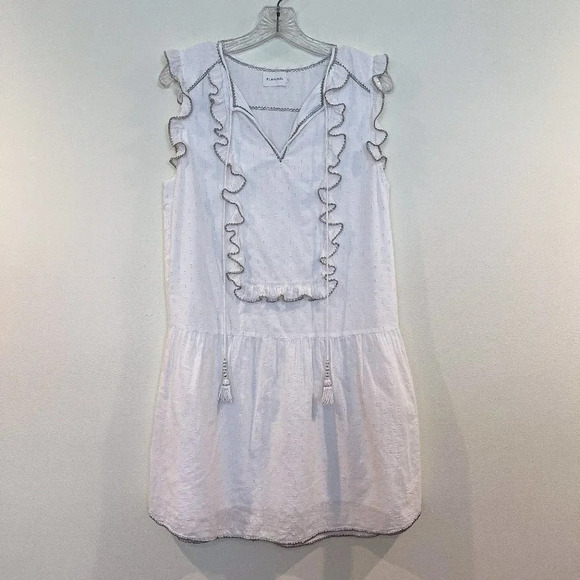 FLANNEL White Cotton Ruffled Tassle Tie Bohemian Cottagecore Designer Mini Dress - Picture 2 of 9